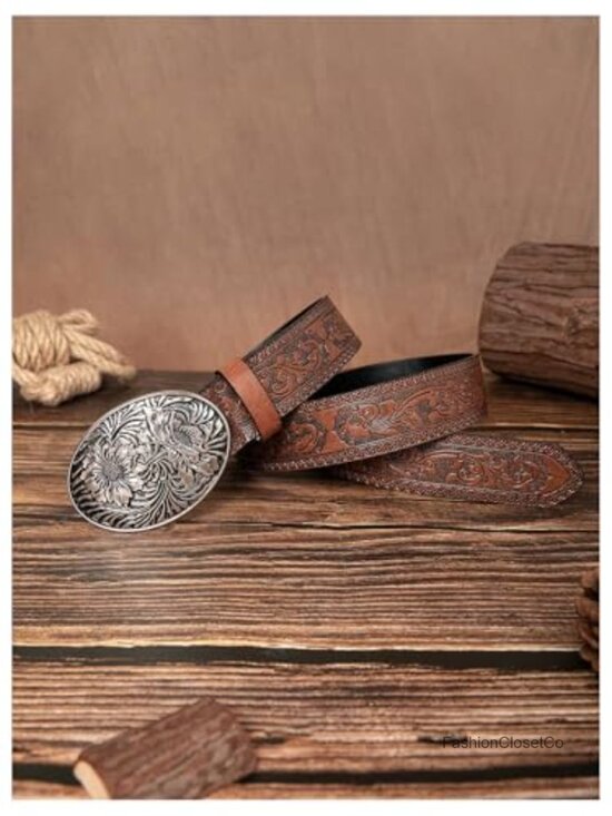 Faux Leather Western Cowgirl Belt with Oval Metal Buckle